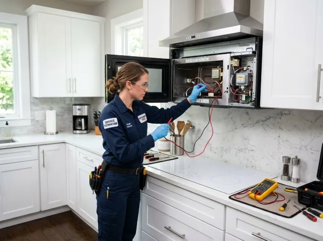 Appliance Repair Hero technician testing an over-the-range microwave in a Berea, OH kitchen